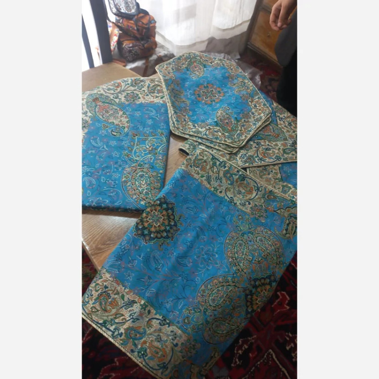 ست پنج تیکه ترمه، رومیزی ابریشمی، رانر ، رومیزی جلومبلی آستردار رنگ فیروزه ای