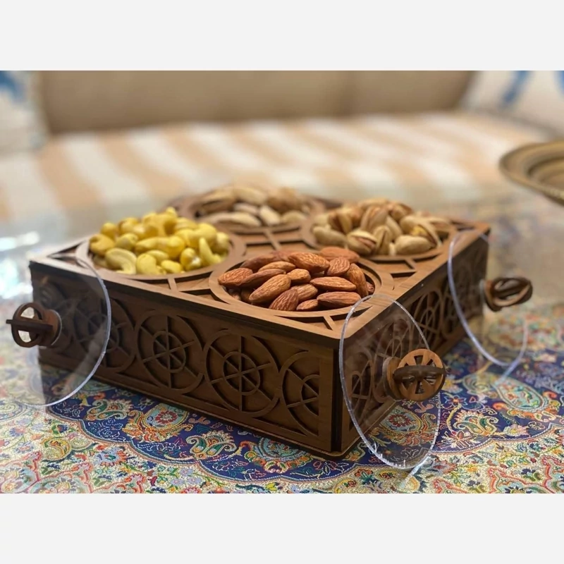 جعبه پذیرایی چوبی آجیل و شکلات رنگ قهوه ای