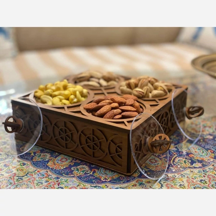 جعبه پذیرایی چوبی آجیل و شکلات رنگ قهوه ای